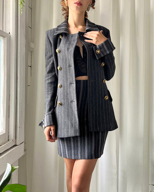 90s Contrast Stripe Mini Skirt Suit