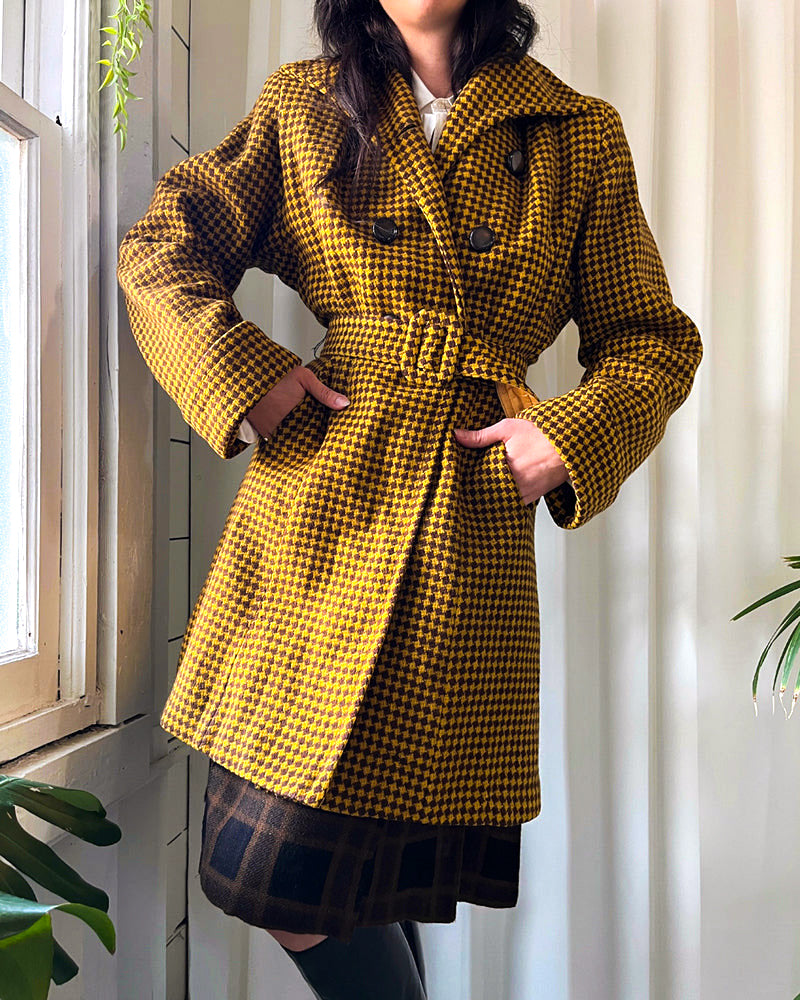 40s Belted Houndstooth Wool Coat | S