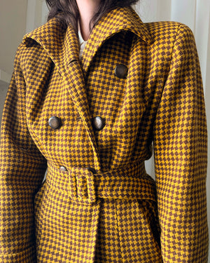 40s Belted Houndstooth Wool Coat | S