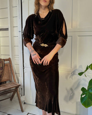 30s Fur Trim Velvet Gown | M