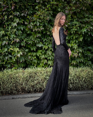 80s Black Lace Gown With Train | S