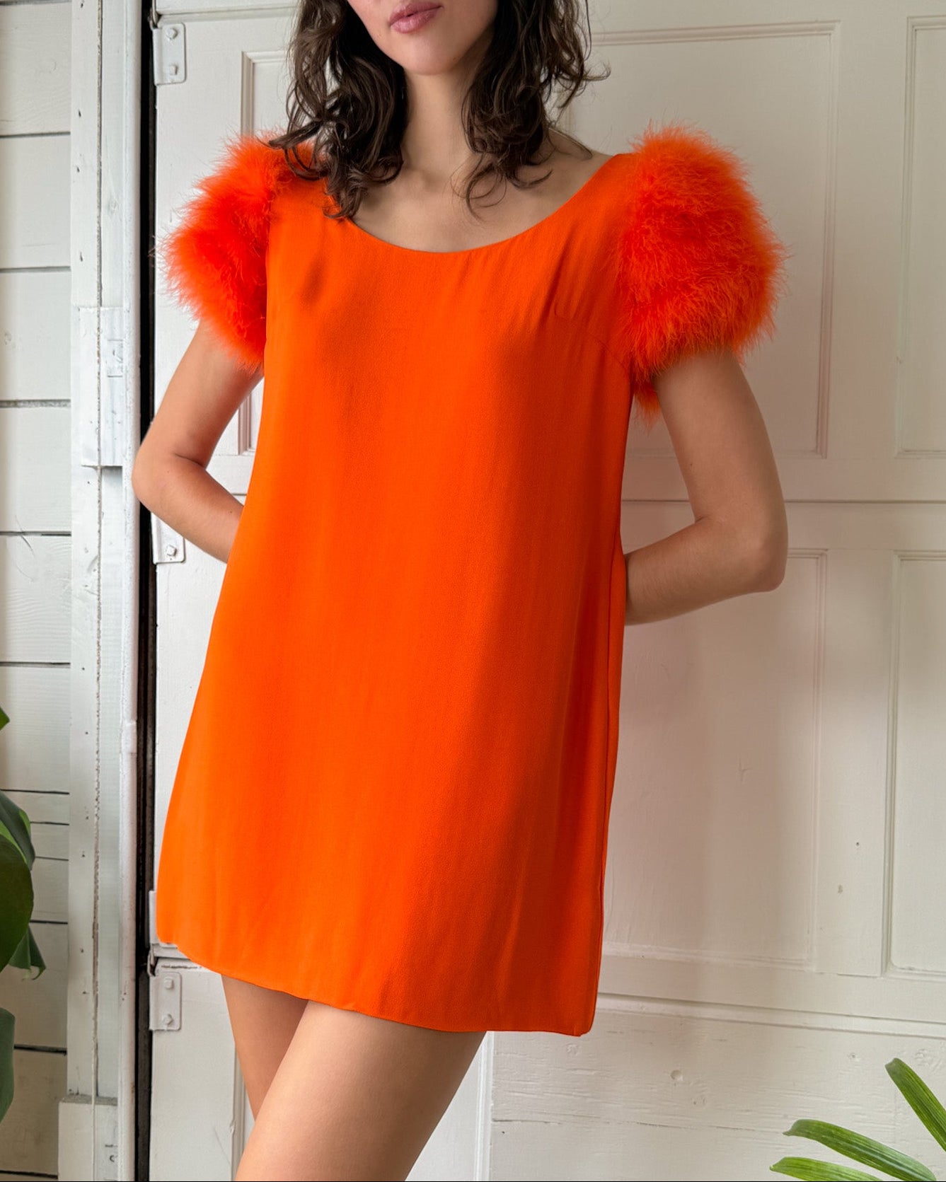 60s Orange Feather Mini Dress | M