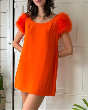 60s Orange Feather Mini Dress | M