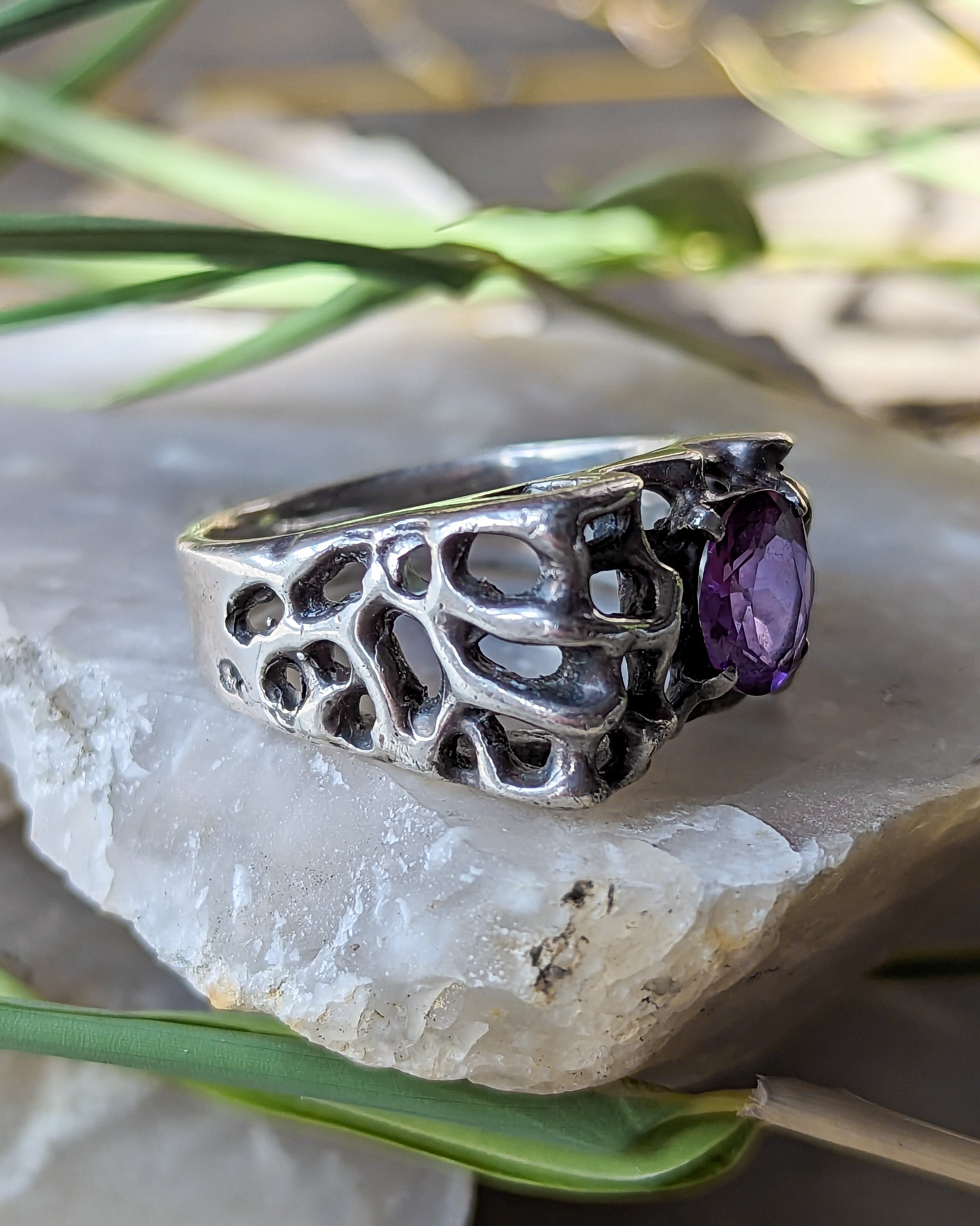 Brutalist Sterling Amethyst Ring