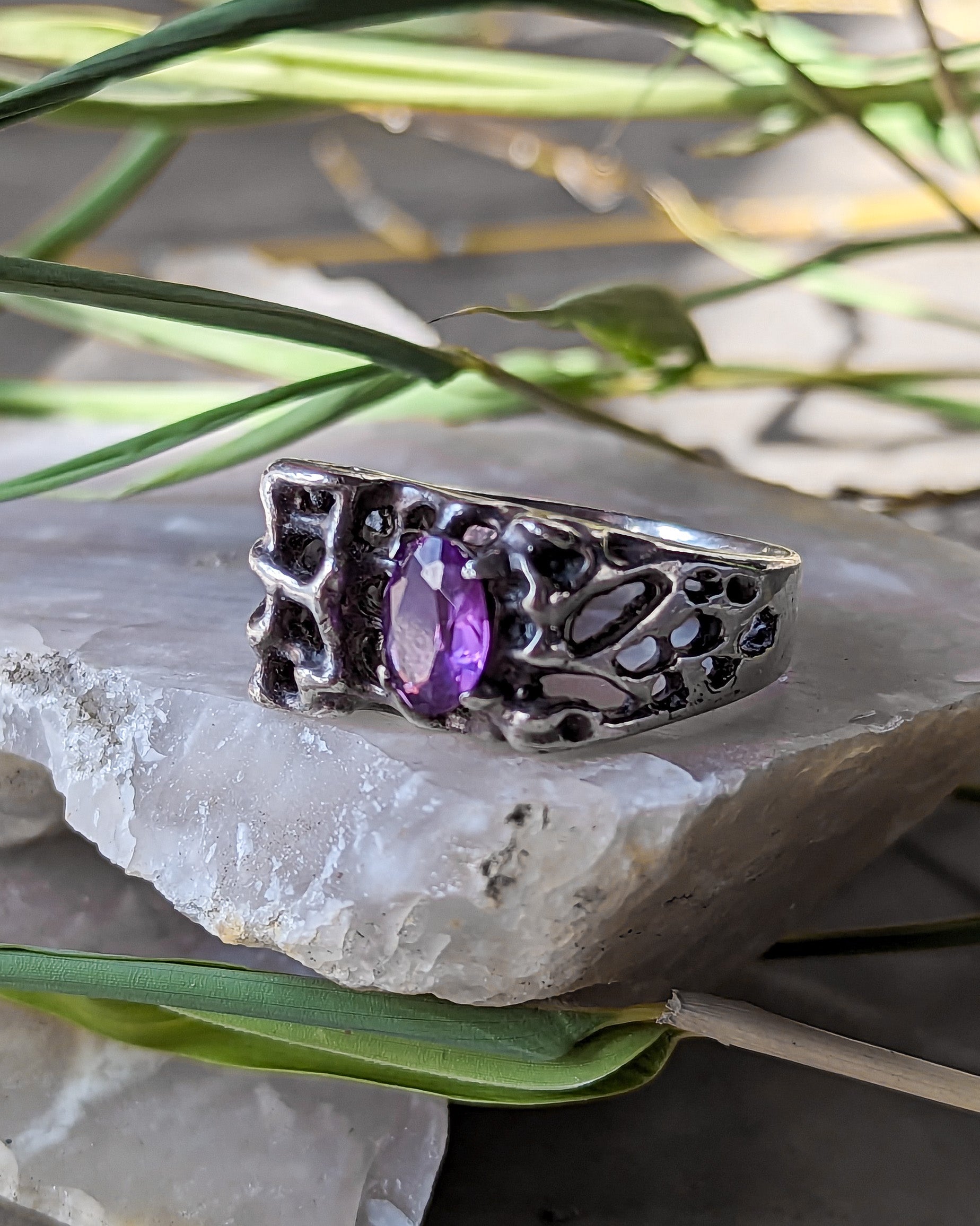 Brutalist Sterling Amethyst Ring