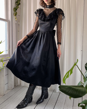 80s Gunne Sax Black Satin Dress