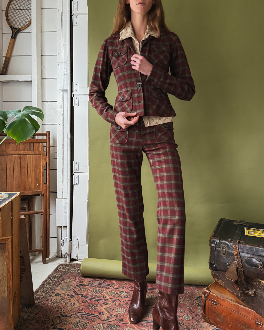 00s Plaid Wool Pant Suit | S