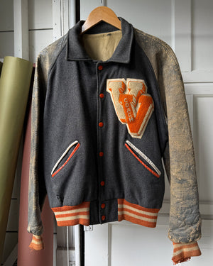 50s Distressed Varsity Coach Jacket } L