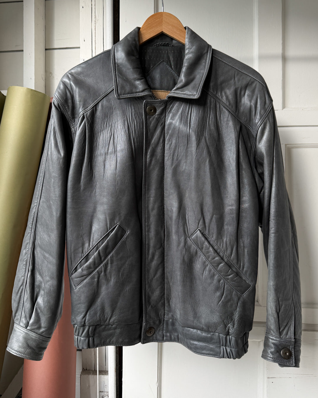 80s Gray Leather Bomber | S