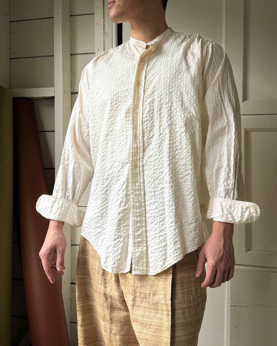 collarless dress shirt white Antique Collarless Dress Shirt | L