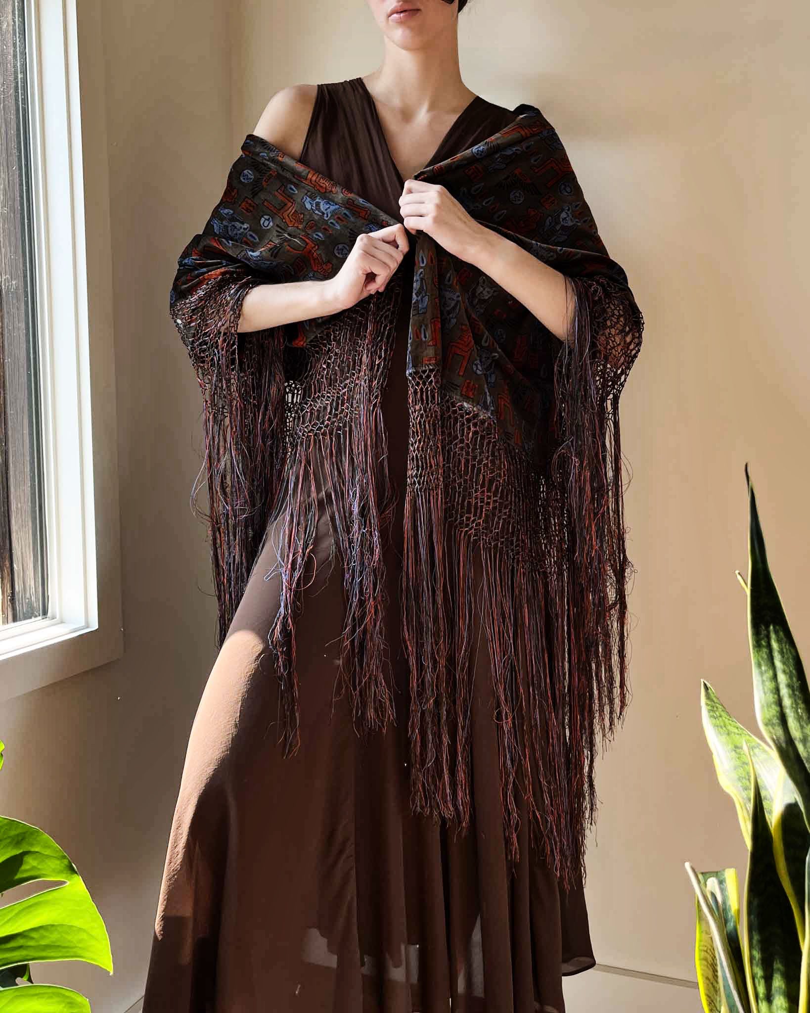 20s Egyptian Revival Printed Velvet Fringe Shawl