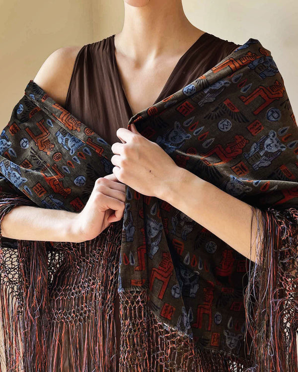 20s Egyptian Revival Printed Velvet Fringe Shawl - Lucky Vintage