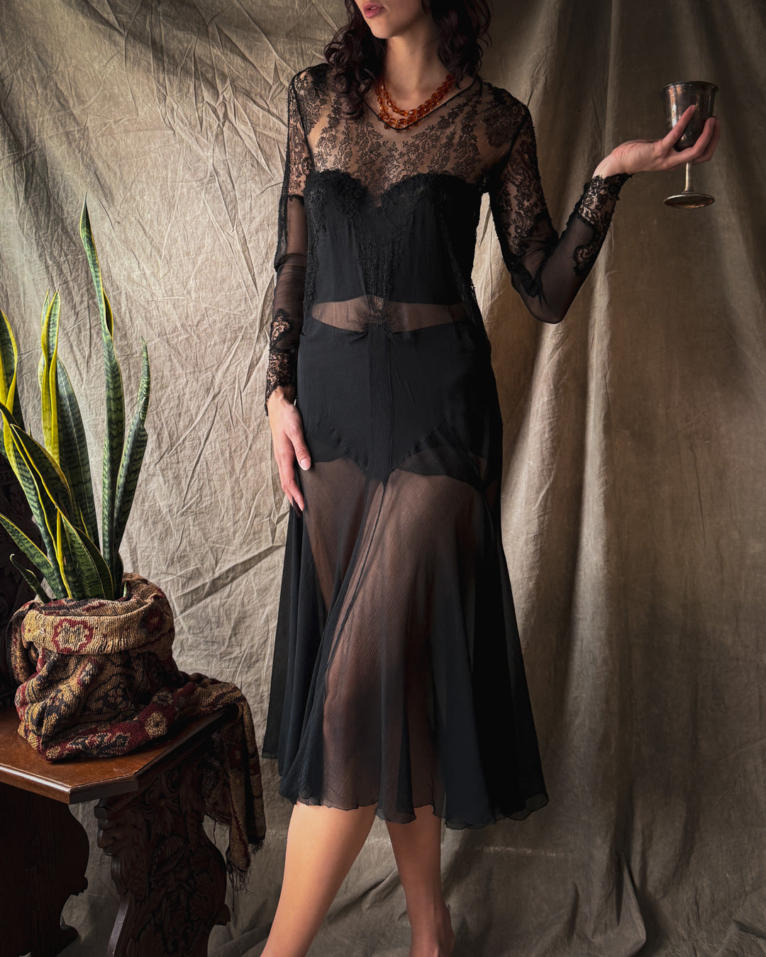 20s Black Lace Gown | M