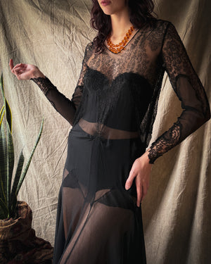 20s Black Lace Gown | M