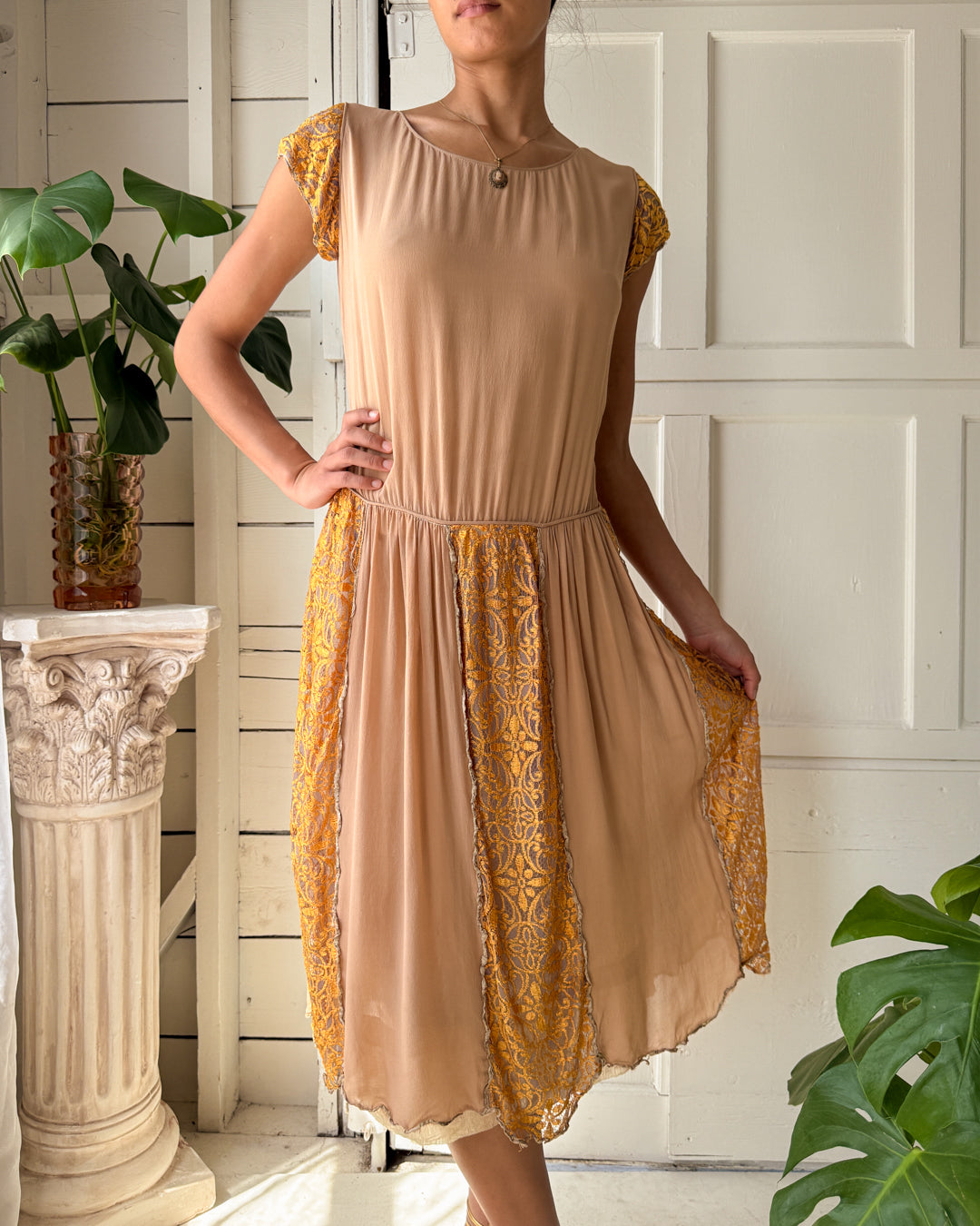 20s Brown Silk Dress | S