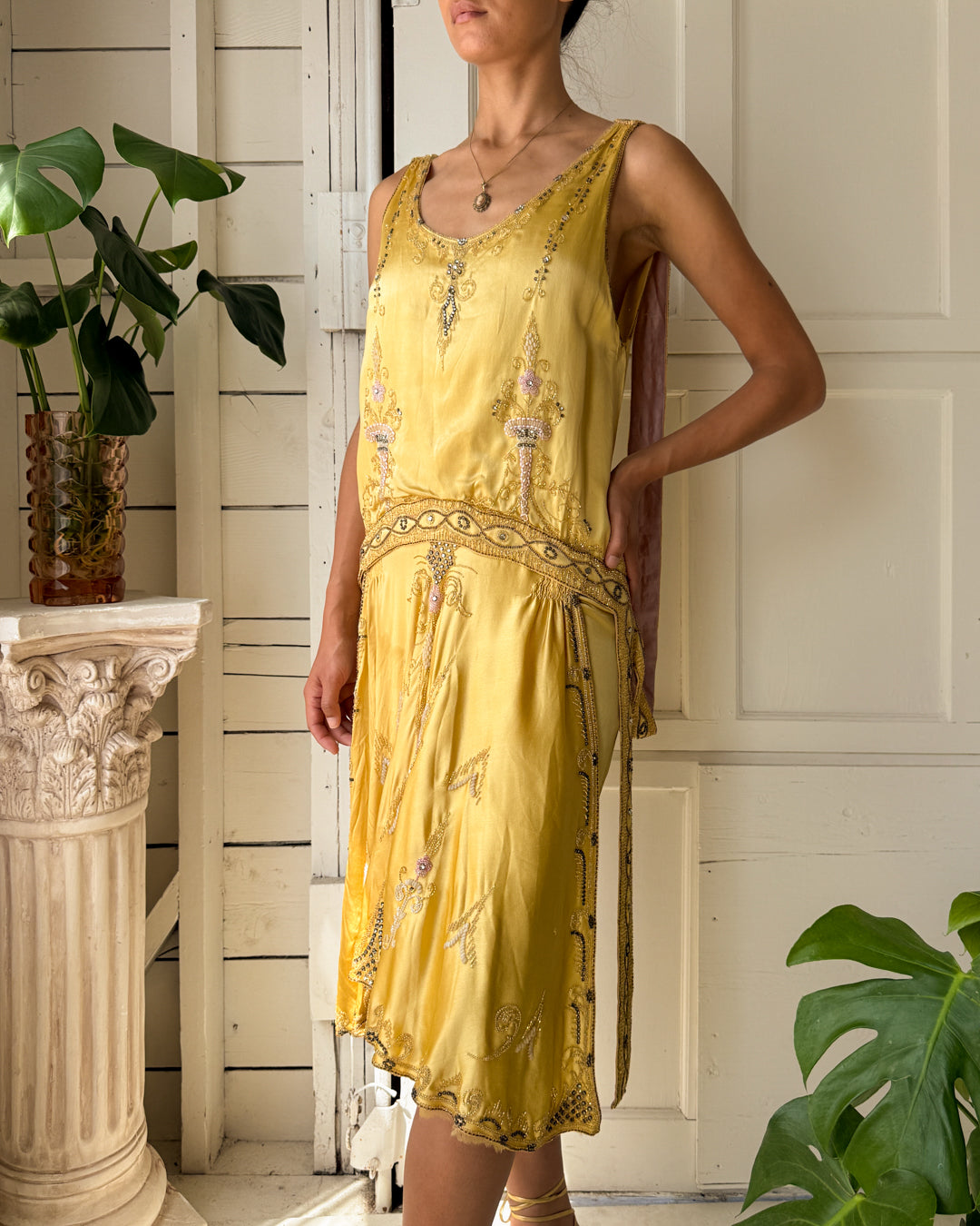 20s Gold Silk Beaded Dress | XS