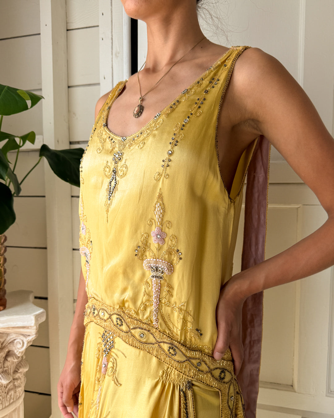 20s Gold Silk Beaded Dress | XS