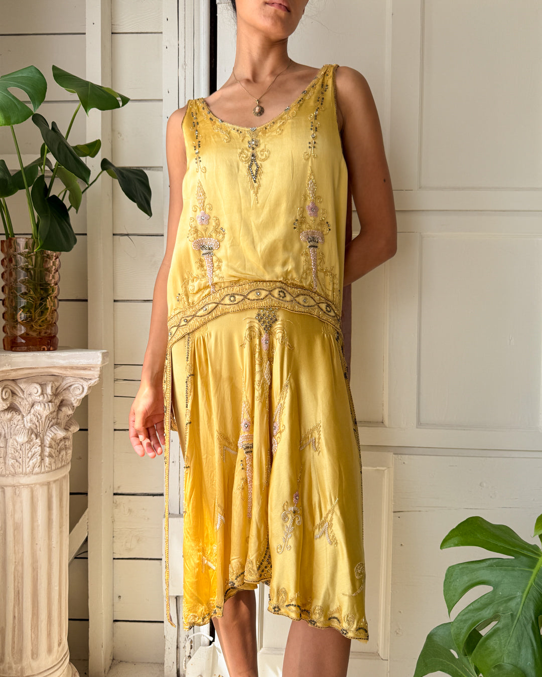 20s Gold Silk Beaded Dress | XS