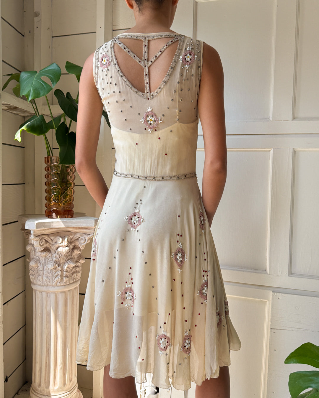 20s Crystal Studded Silk Cutout Dress | XS