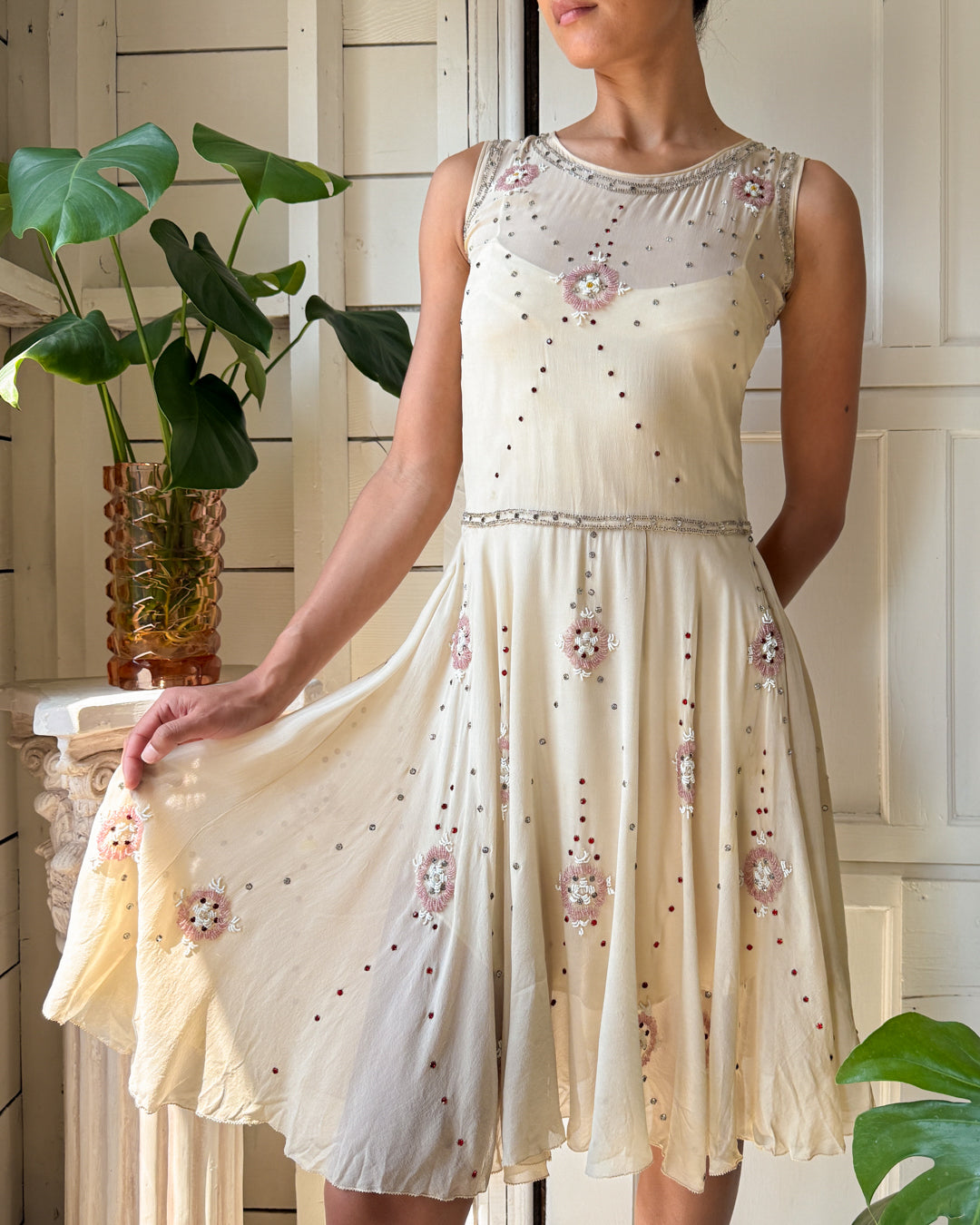 20s Crystal Studded Silk Cutout Dress | XS