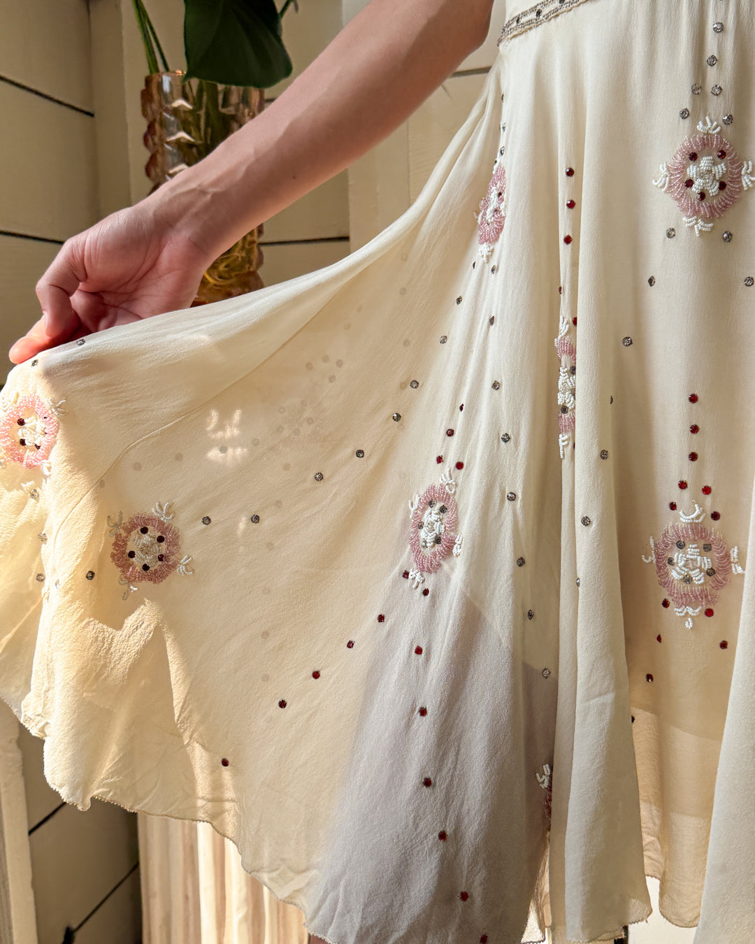 20s Crystal Studded Silk Cutout Dress | XS