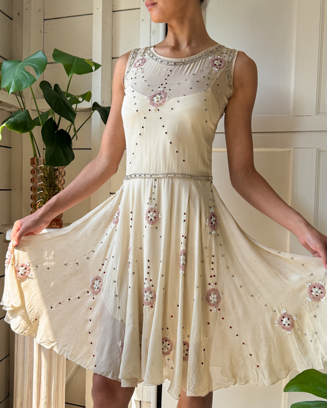 20s Crystal Studded Silk Cutout Dress | XS