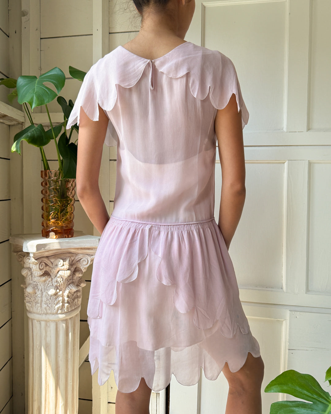 20s Scalloped Silk Dress | XS
