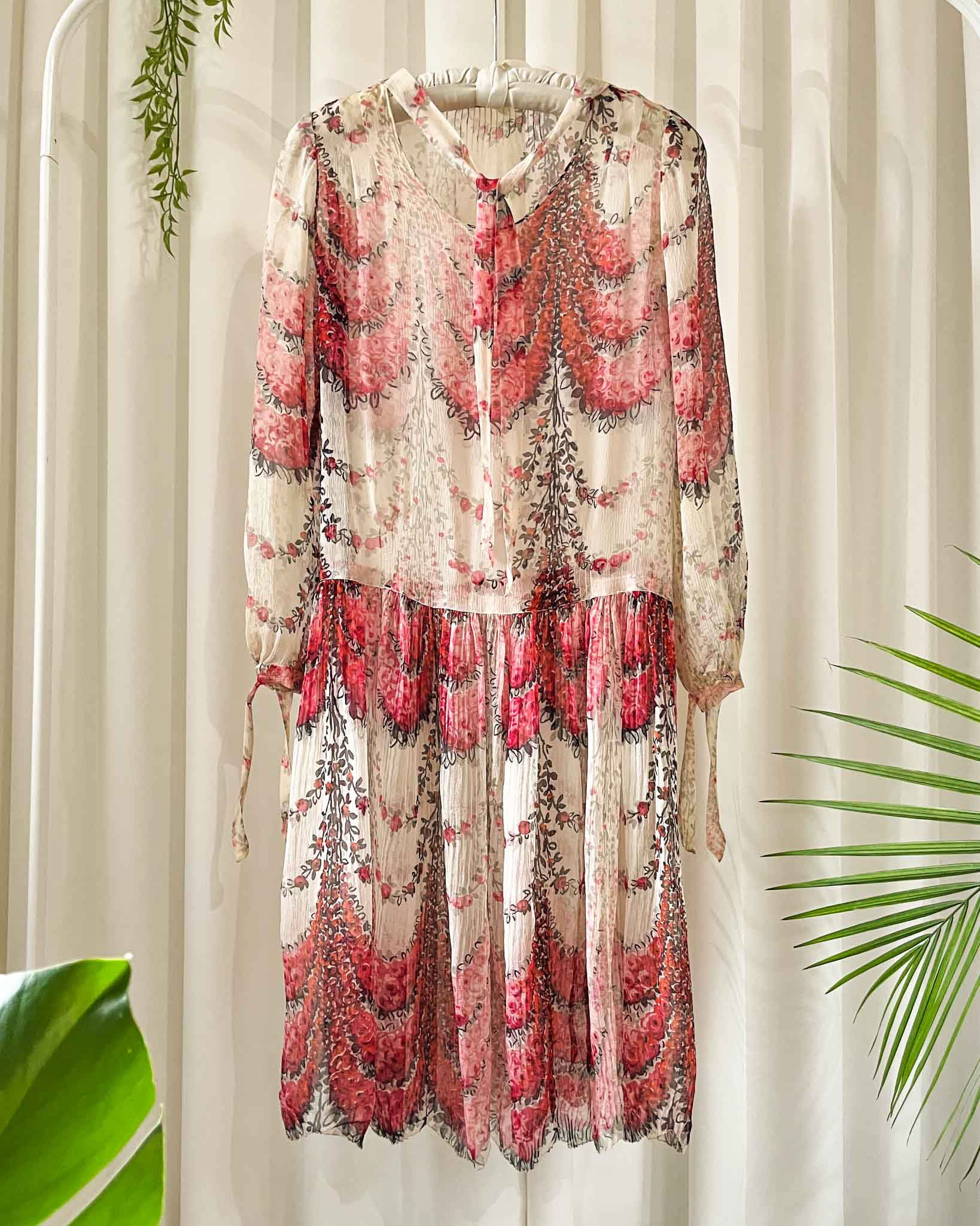 20s Floral Garlands Silk Dress | XS-M