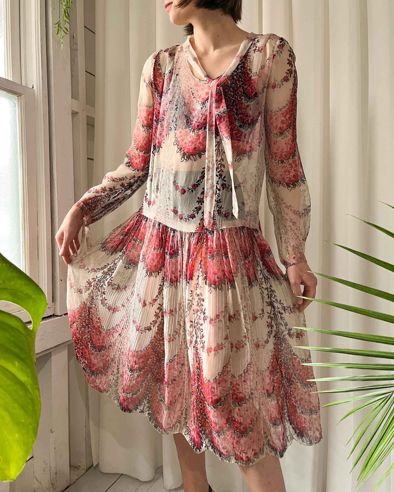 20s Floral Garlands Silk Dress | XS-M