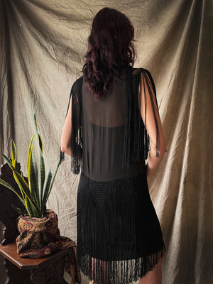 20s Sheer Silk Fringe Dress | S-M