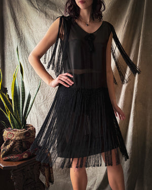 20s Sheer Silk Fringe Dress | S-M