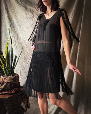 20s Sheer Silk Fringe Dress | S-M