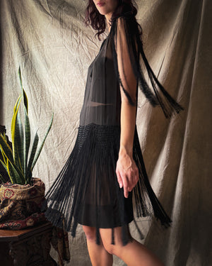 20s Sheer Silk Fringe Dress | S-M