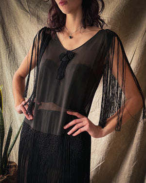 20s Sheer Silk Fringe Dress | S-M