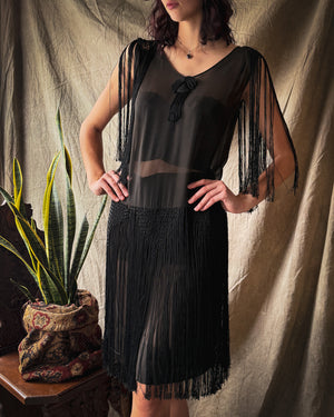 20s Sheer Silk Fringe Dress | S-M