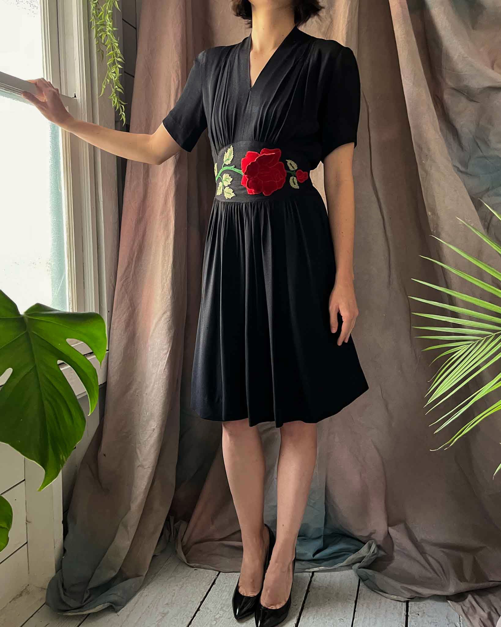 Black Rose Applique Crepe Dress