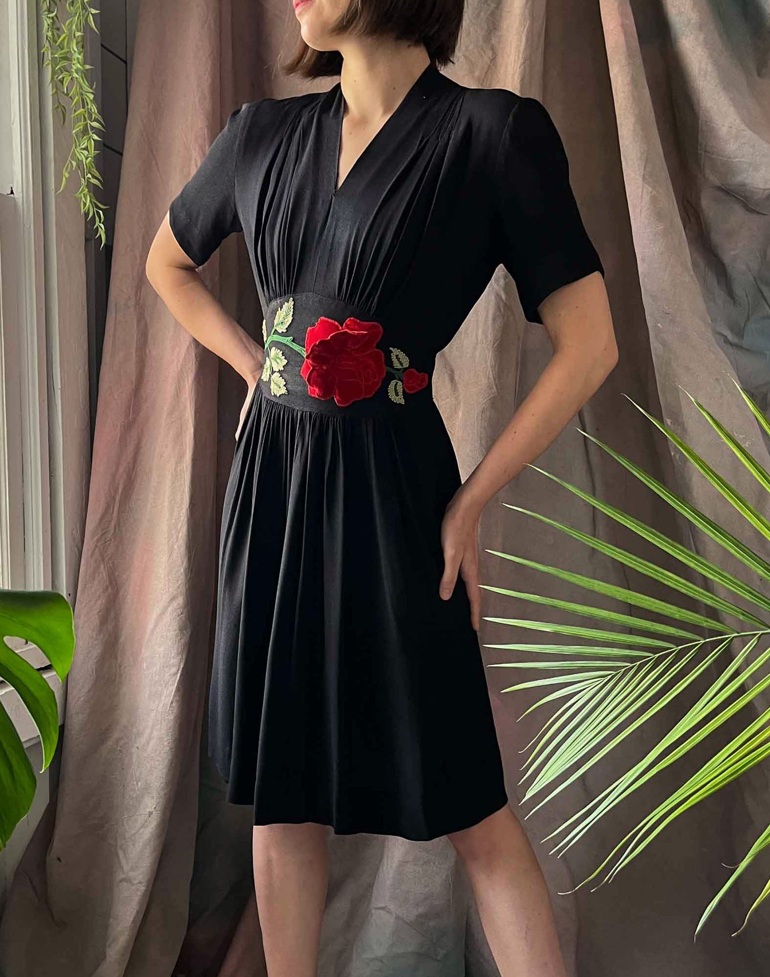 Black Rose Applique Crepe Dress