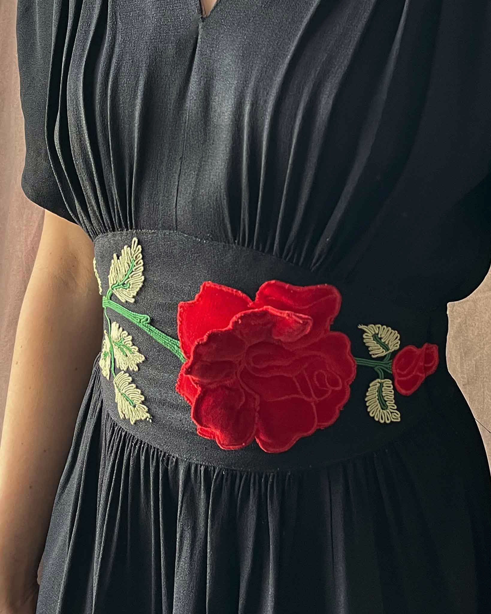 Black Rose Applique Crepe Dress