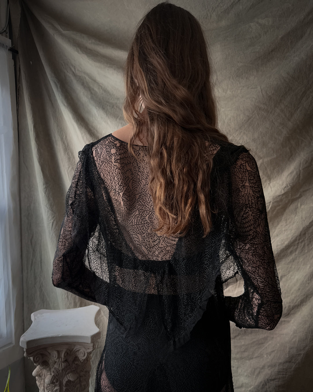 30s Sheer Botanical Lace Gown | S