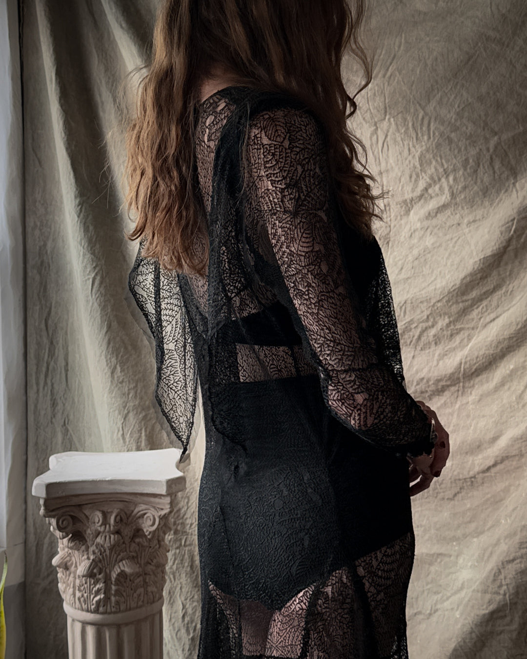 30s Sheer Botanical Lace Gown | S