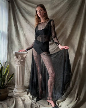 30s Sheer Botanical Lace Gown | S