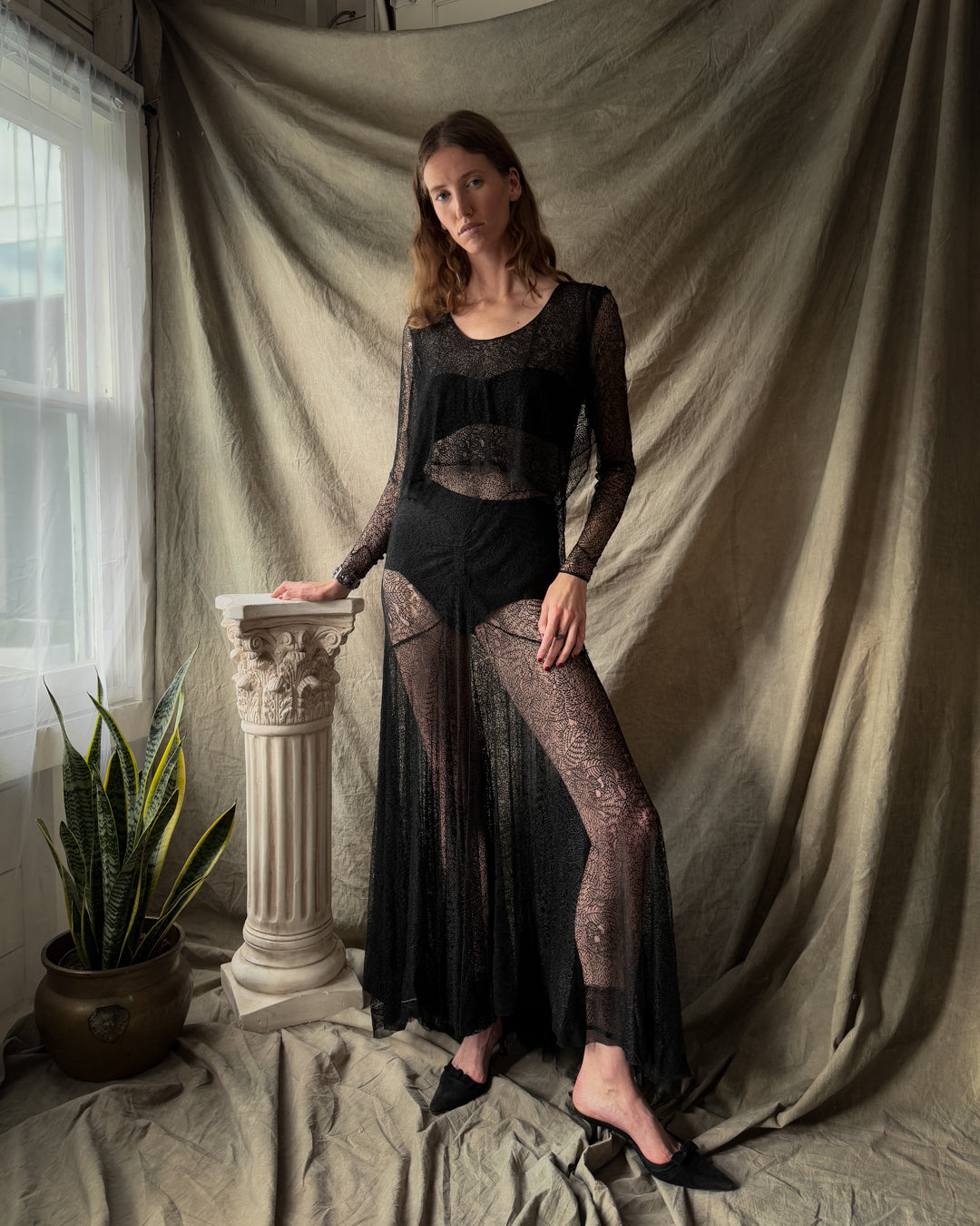 30s Sheer Botanical Lace Gown