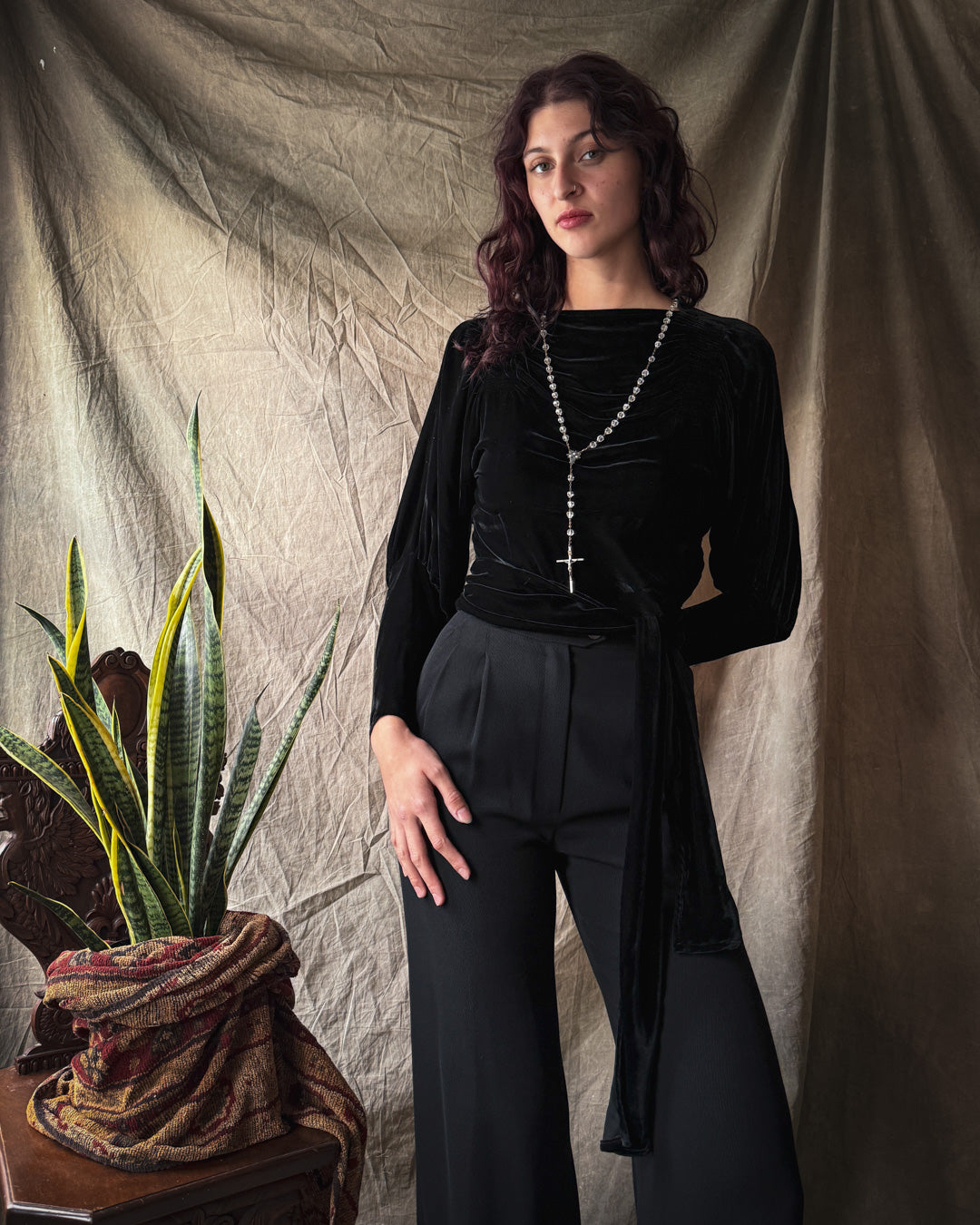 30s Silk Velvet Tie Blouse | S
