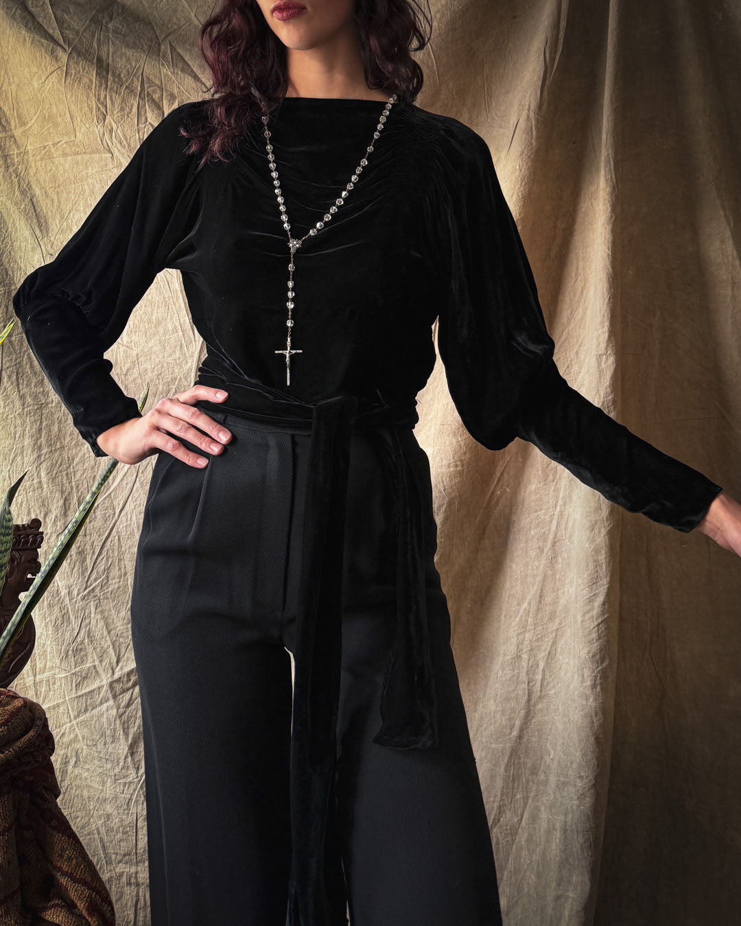 30s Silk Velvet Tie Blouse | S