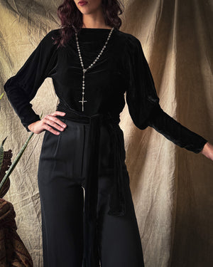 30s Silk Velvet Tie Blouse | S