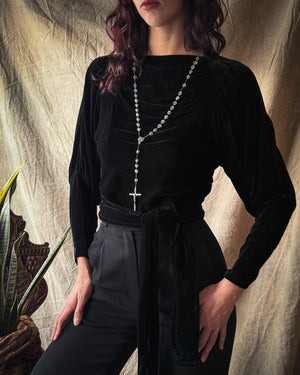 30s Silk Velvet Tie Blouse | S