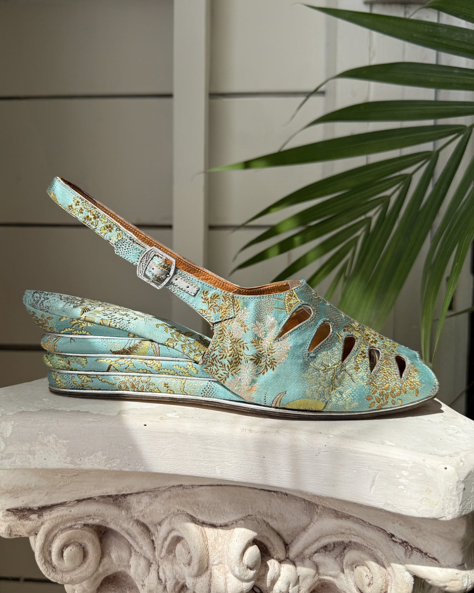 30s Blue Silk Brocade Shoes | 7.5
