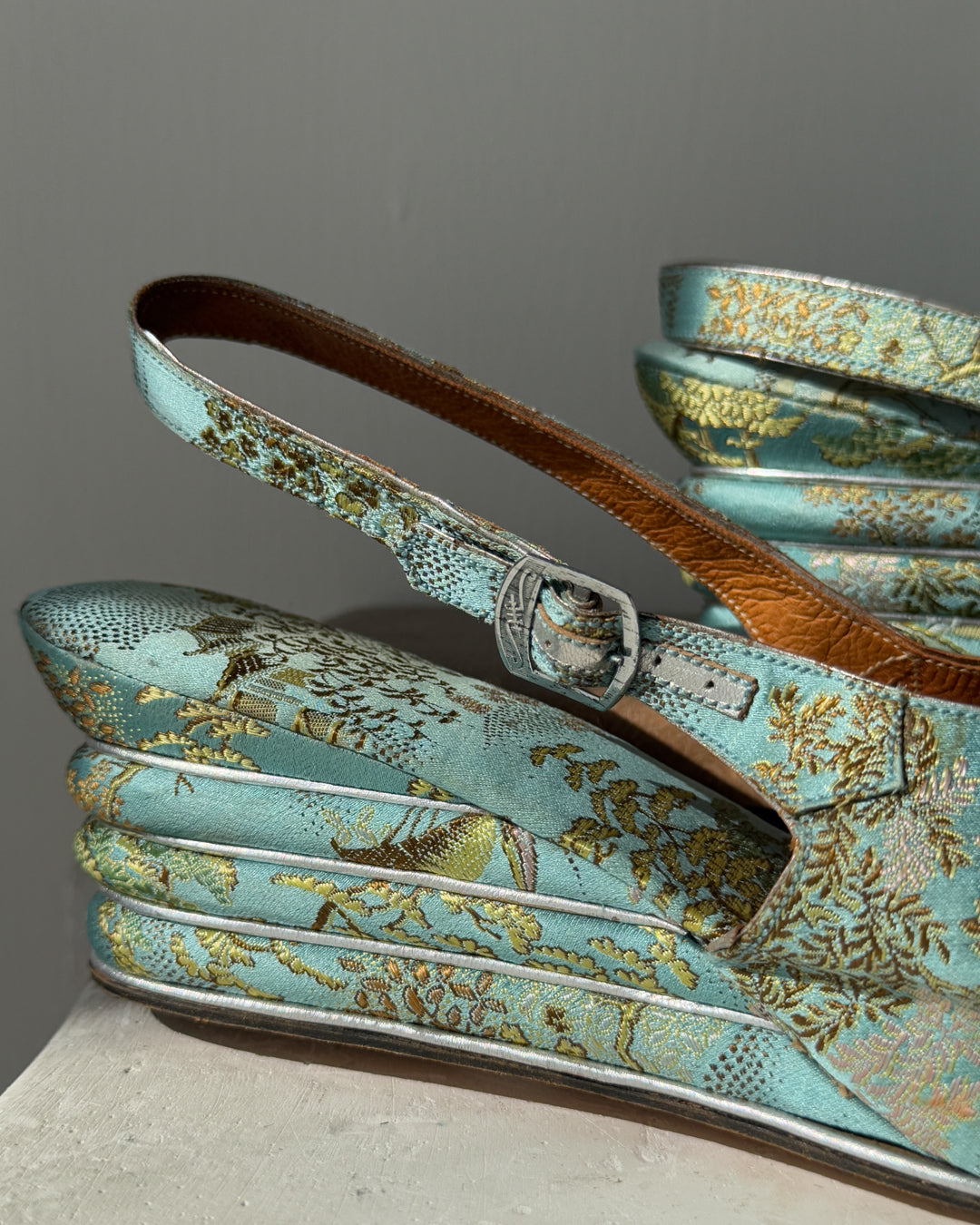 30s Blue Silk Brocade Shoes | 7.5