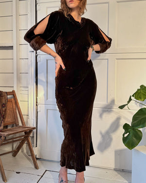 30s Fur Trim Velvet Gown | M