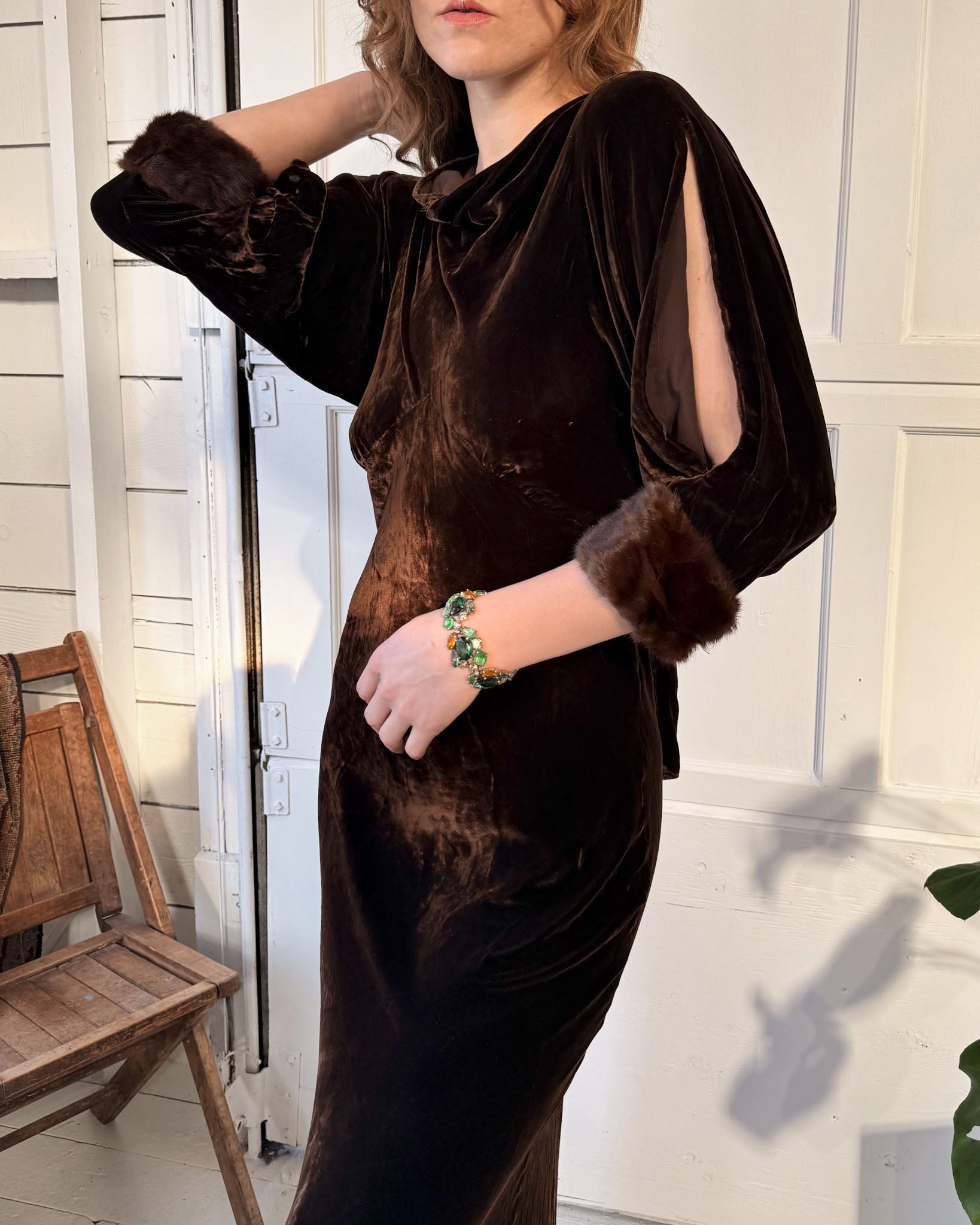 30s Fur Trim Velvet Gown | M 30s Fur Trim Velvet Gown | M